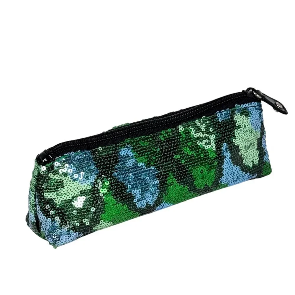 New Stephanie Johnson MakeupCosmetic Bag Blue Green Sequin Zip Clutch